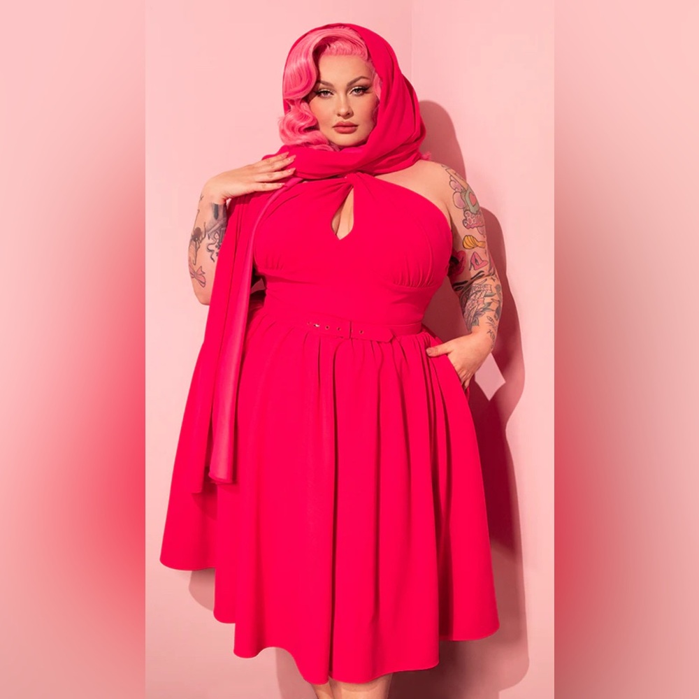 Vixen by Micheline Pitt - Golden Era Swing Dress and Scarf in Hot Pink - L